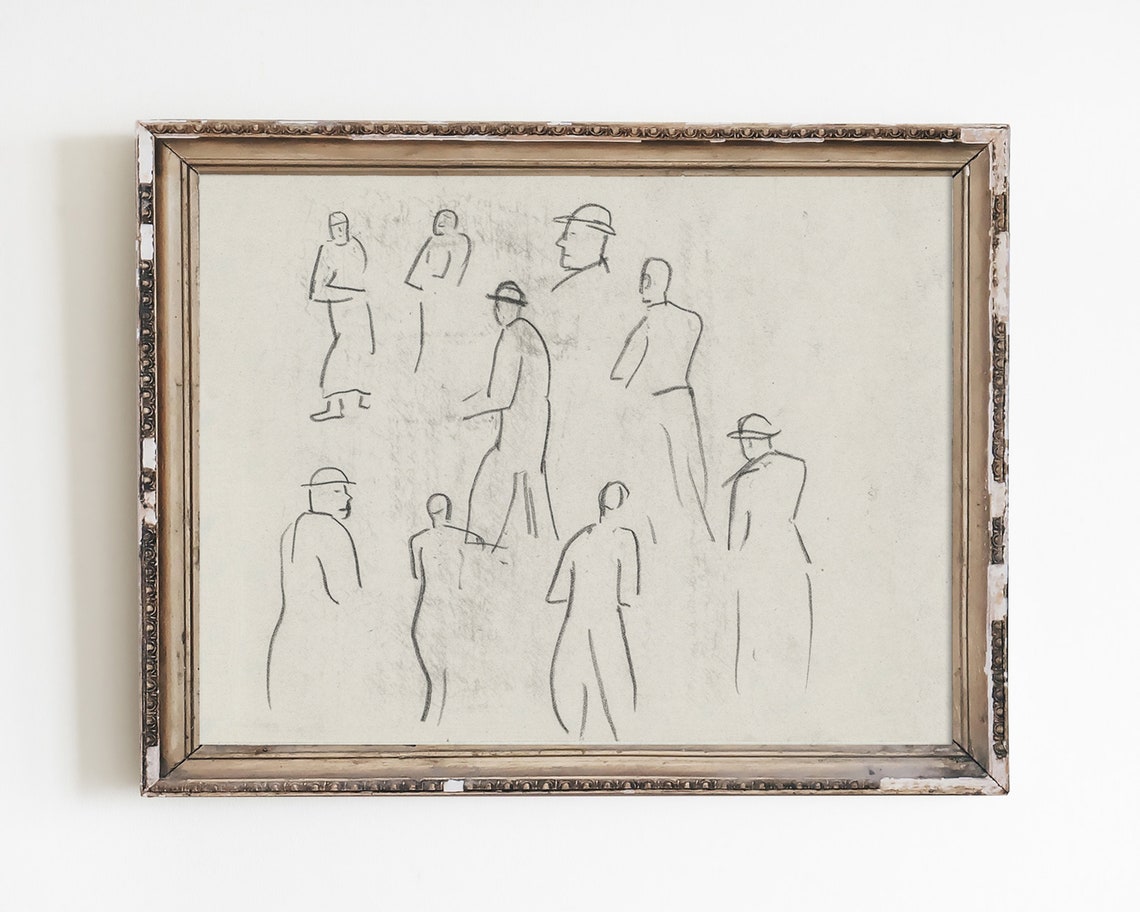 Loose Pencil Figure Studies Vintage Crowd Sketch Neutral Art Print