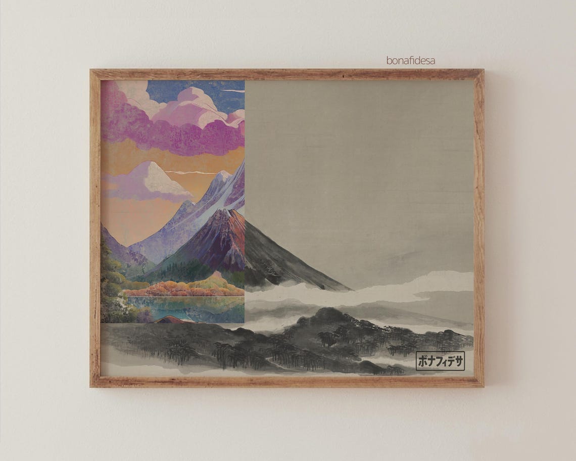 Mount Fuji Split Color and Ink Wash Surreal Japanese Landscape Poster