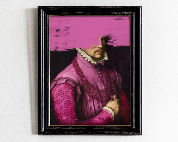 Pink Paint Stroke Altered Renaissance Portrait Modern Art Poster