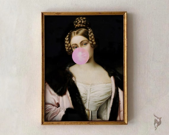 Victorian Lady Blowing Pink Bubblegum Altered Portrait Vintage Style Poster