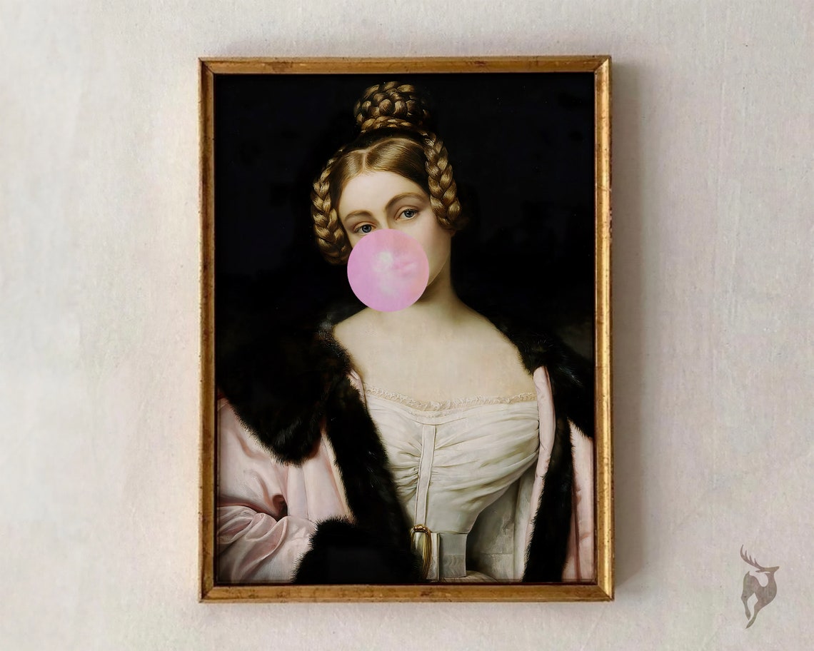Lady Bubblegum Print Altered Vintage Painting Portrait Art Eclectic Wall