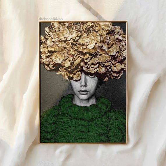 Dried Hydrangea Crown Portrait Emerald Knit Moody Woman Wall Art