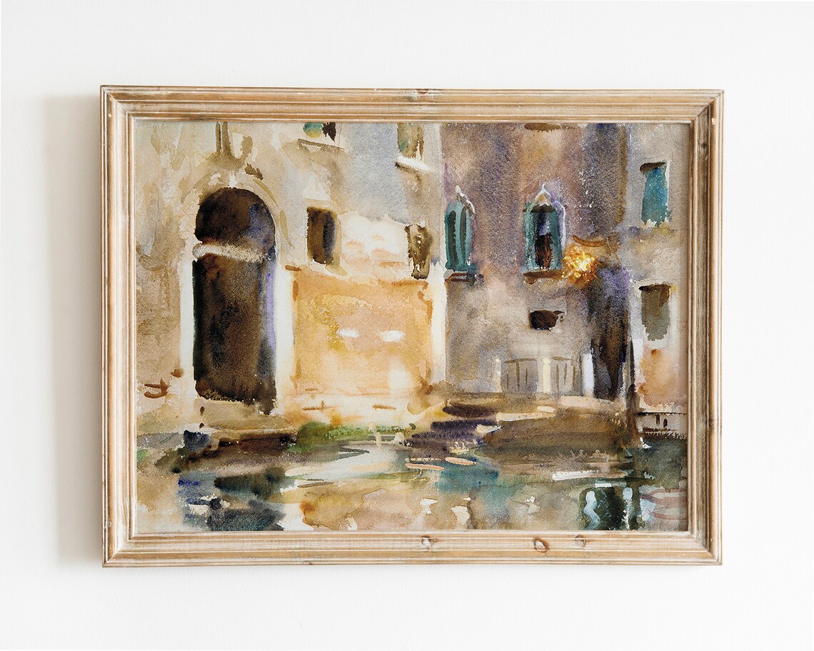 Venetian Canal Old Buildings Green Shutters Loose Watercolor Poster