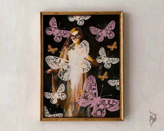Classical Lady Translucent Butterflies Pink Gold Surreal Art Poster