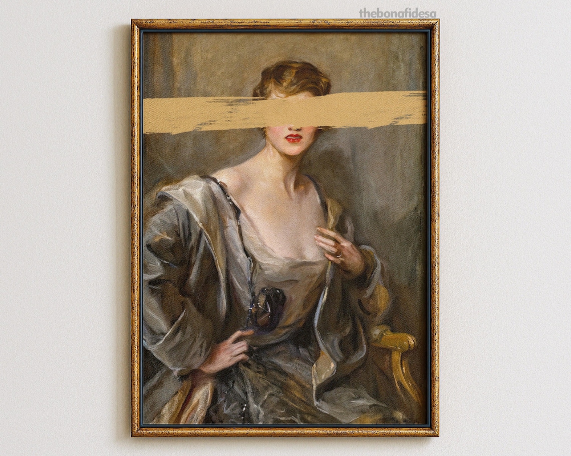Altered Vintage Portrait Gold Brushstroke Woman Moody Eclectic Wall Art