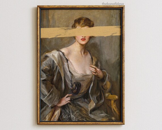 Altered Vintage Portrait Gold Brushstroke Woman Moody Eclectic Wall Art