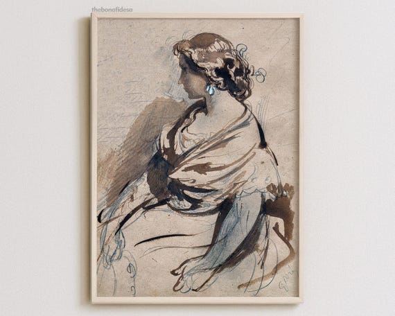 Antique Female Sketch Art Print Drawing Of A Woman Neutral European Prints Vintage Figure Feminine Wall Decor