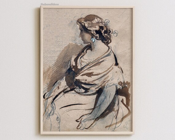 Antique Ink Study of a Seated Woman Vintage Portrait Sketch Poster