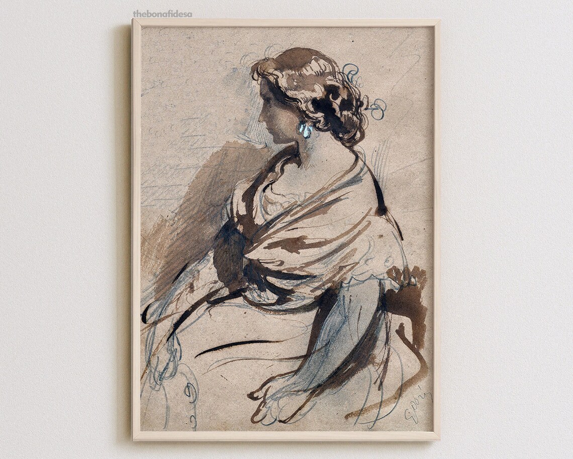 Antique Ink Study of a Seated Woman Vintage Portrait Sketch Poster