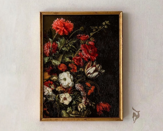 Dark Floral Bouquet Red Hollyhock White Rose Dutch Master Flower Poster