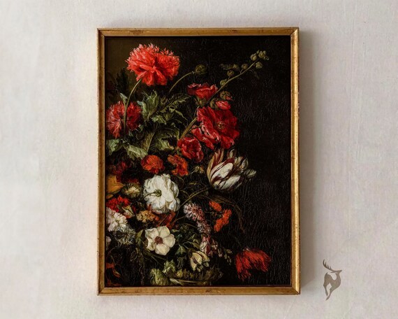 Dark Flower Painting Art Moody Floral Wall Academia Print Vintage Victorian Antique