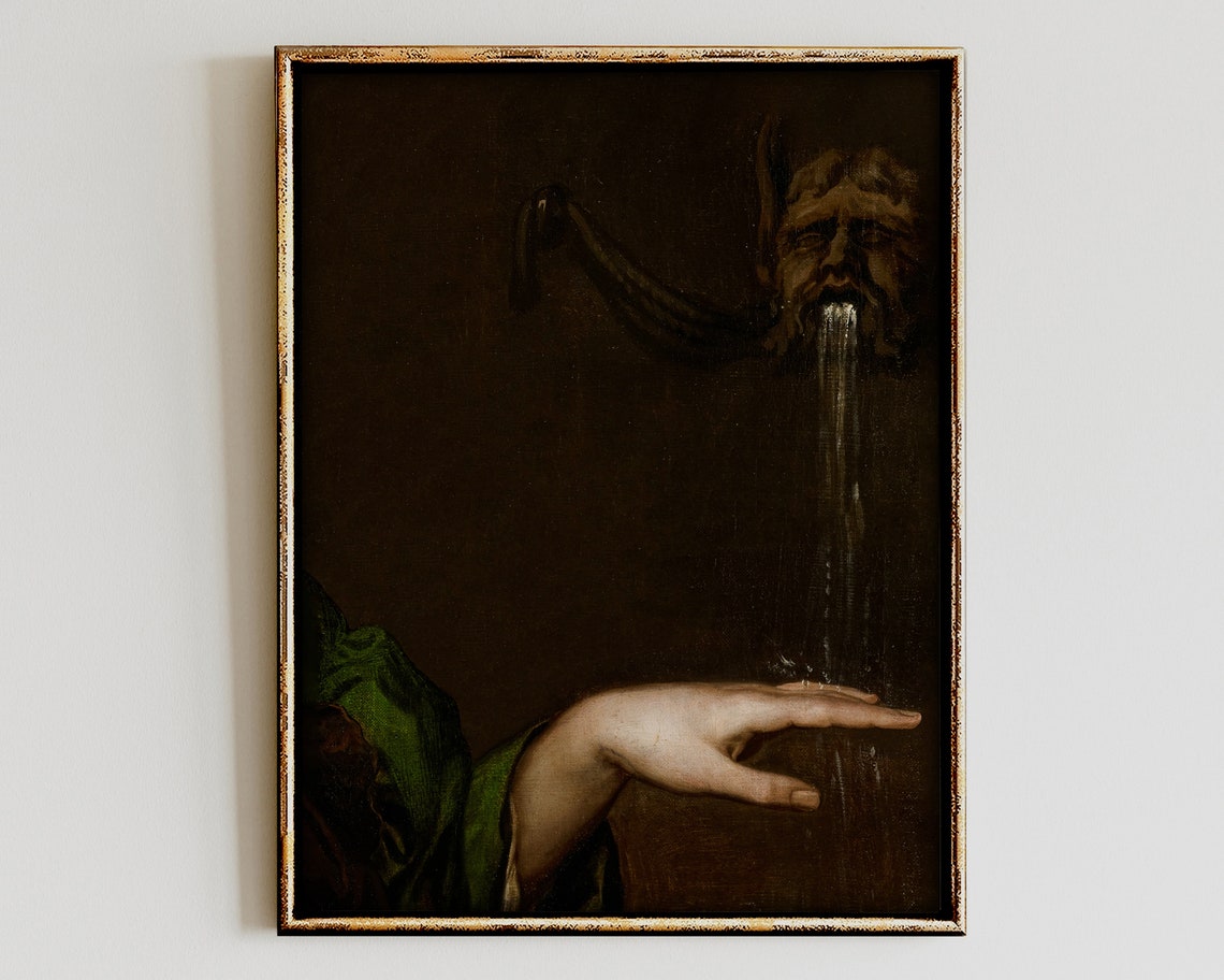 Altered Baroque Hand and Gargoyle Fountain Dark Antique Oil Art Poster