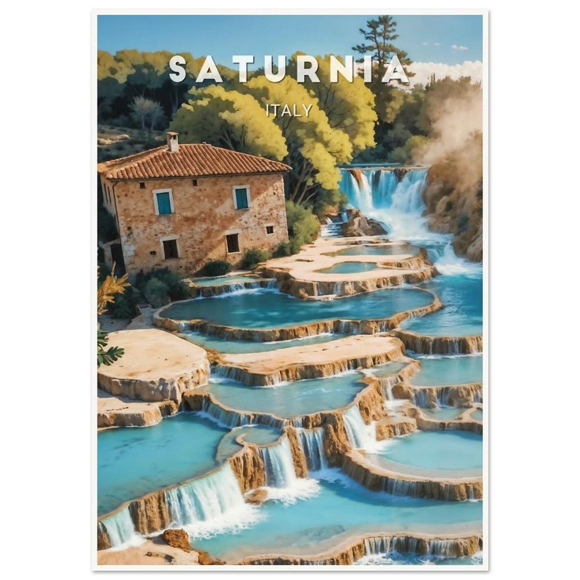 Saturnia Thermal Springs Waterfalls Stone Mill Italy Travel Poster - Image 2