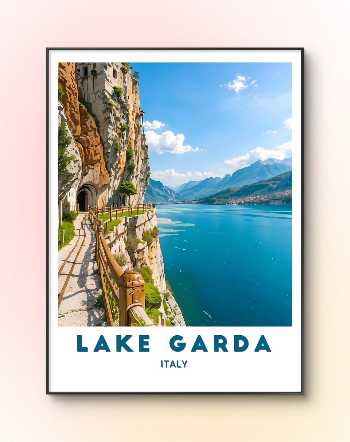Lake Garda Italy Cliffside Walkway Turquoise Lake Photo Travel Poster
