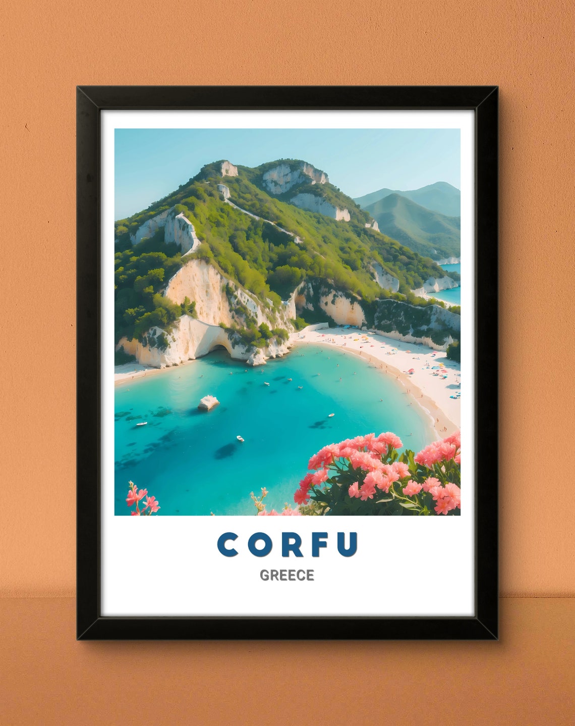 Corfu Turquoise Bay Cliffs White Beach Flowers Greece Poster