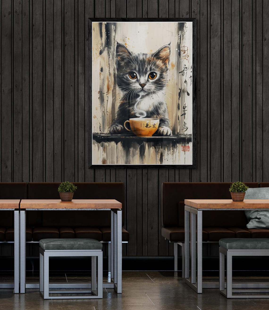 Kitten Drinking Tea Japanese Ink Wash Art Adorable Cat Poster - Image 3