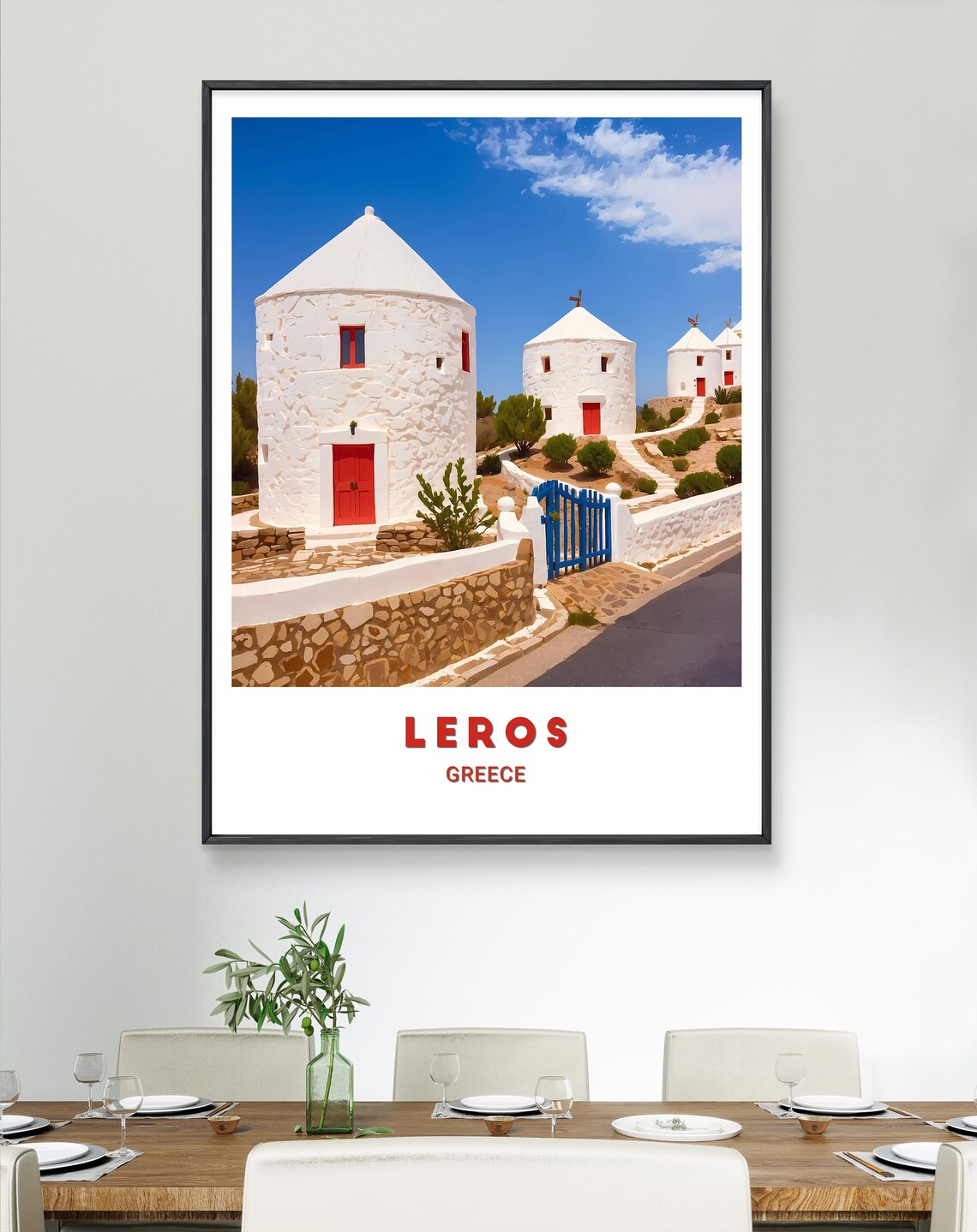 Leros Traditional White Windmills Red Doors Greece Travel Poster - Image 2