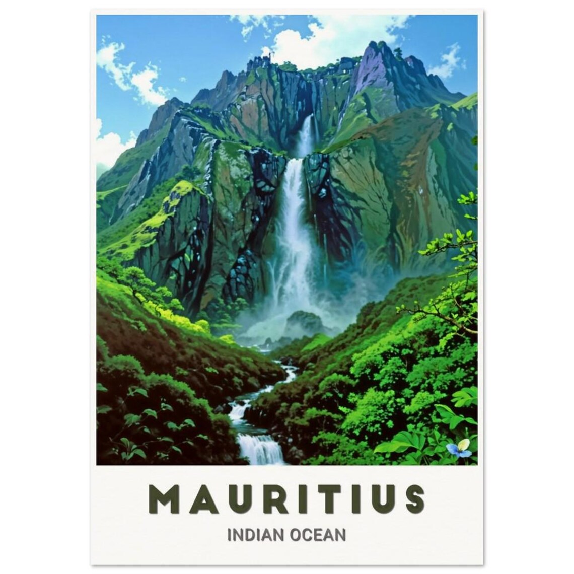 Mauritius Indian Ocean Waterfall Lush Green Mountains Art Poster