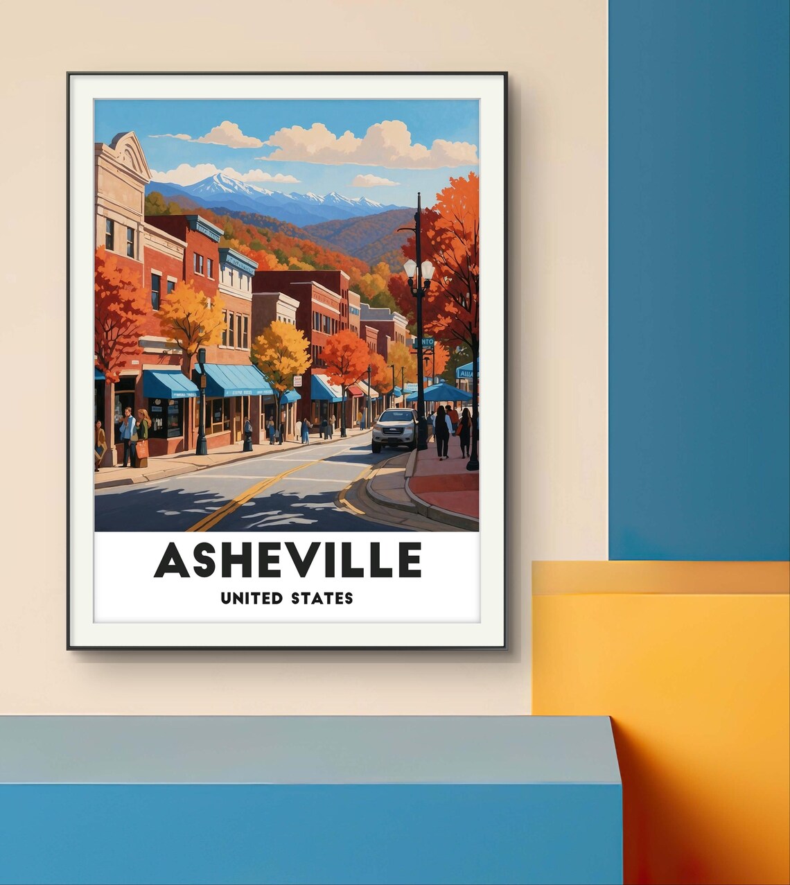 Asheville United States Autumn Mountain Town Street Travel Poster