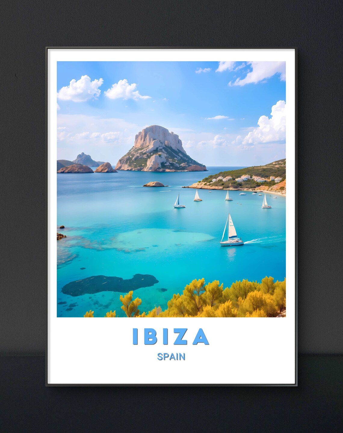 Ibiza Spain Rocky Islet Sailing Boats Coastal Scene Travel Poster