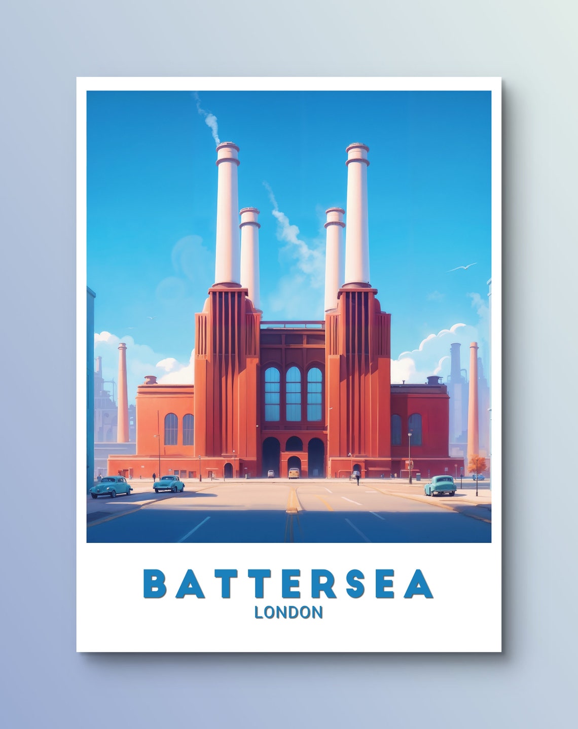 Battersea London Poster Vibrant Art Print Of Battersea Power Station With Retro Cars Battersea Iconic Wall Decor