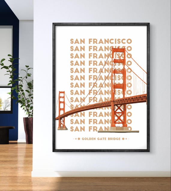 San Francisco Wall Art Poster Golden Gate Bridge Retro Style Illustration For Travel Lovers
