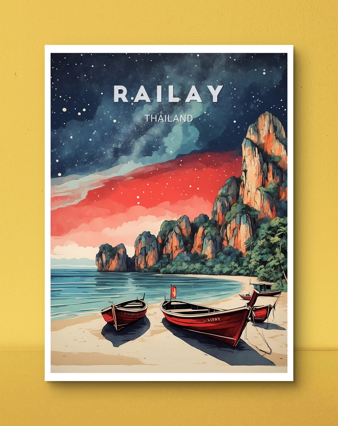 Railay Thailand Starry Night Beach Boats Limestone Cliffs Poster - Image 3