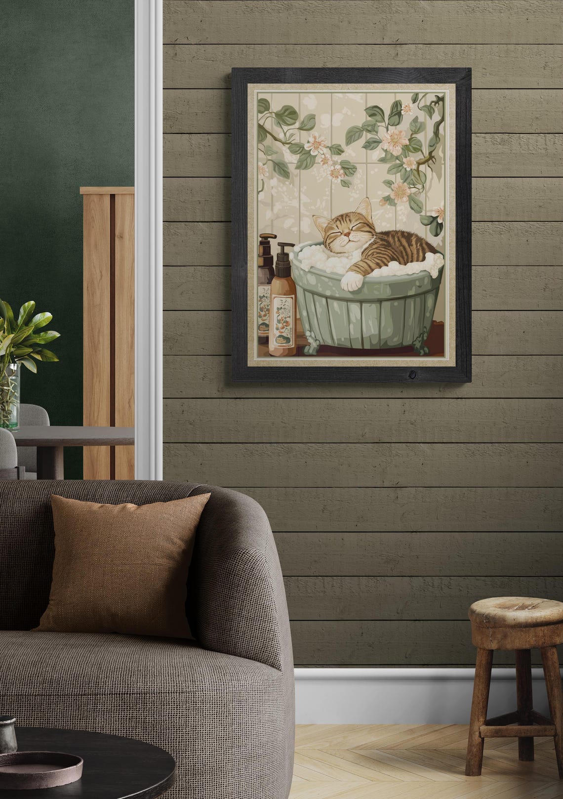 Tabby Cat Relaxing In Bubble Bath Floral Vintage Wall Poster - Image 2