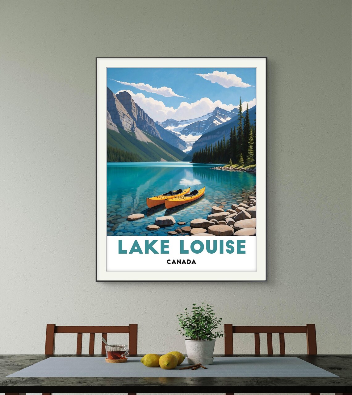 Lake Louise Canada Turquoise Lake Yellow Kayaks Rocky Mountain Poster