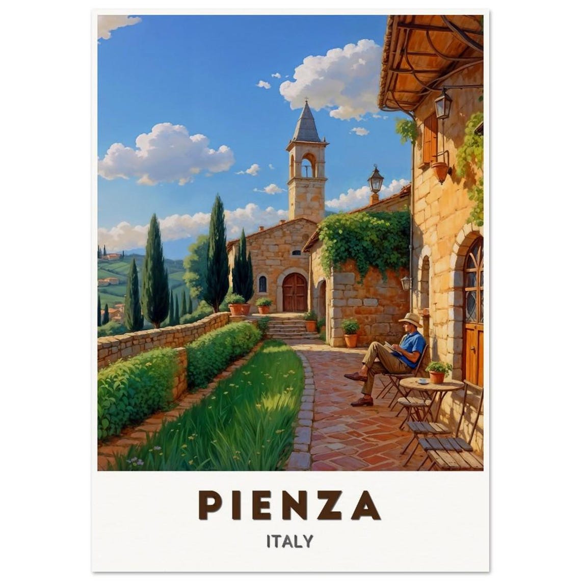 Pienza Italy Stone Courtyard Bell Tower Cafe Tuscan Art Poster
