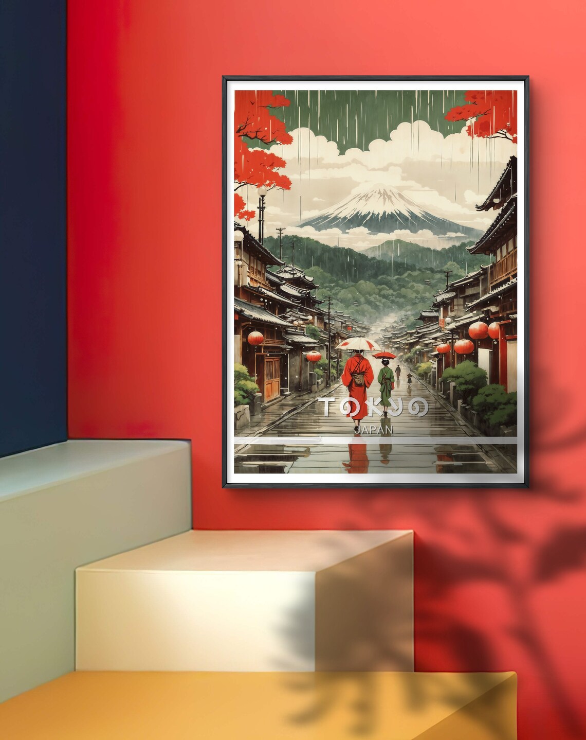 Tokyo Japan Rainy Street Mount Fuji Kimono Lantern Travel Poster
