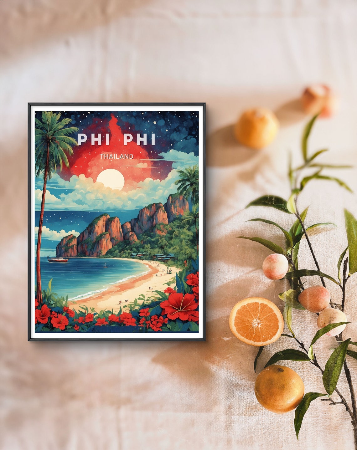 Phi Phi Thailand Tropical Beach Palm Trees Sunset Moon Poster - Image 2