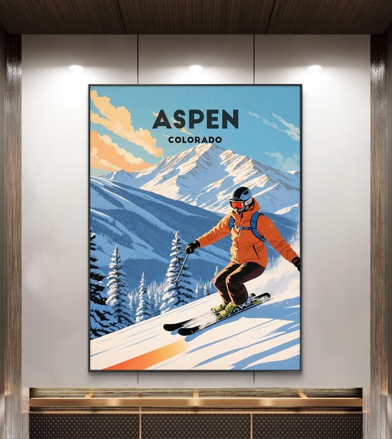 Aspen Colorado Ski Poster With Skier Carving Down Snowy Mountain Slopes