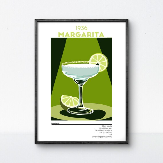 Vintage 1936 Margarita Cocktail Recipe Home Bar Decor Art Poster