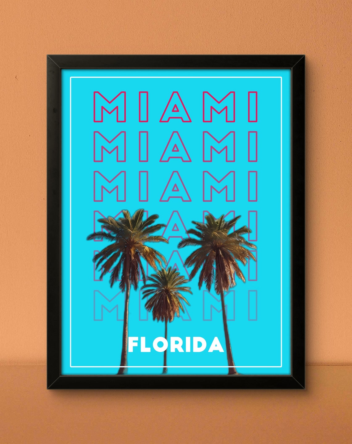 Miami Florida Neon Turquoise Palm Tree Typography Art Poster