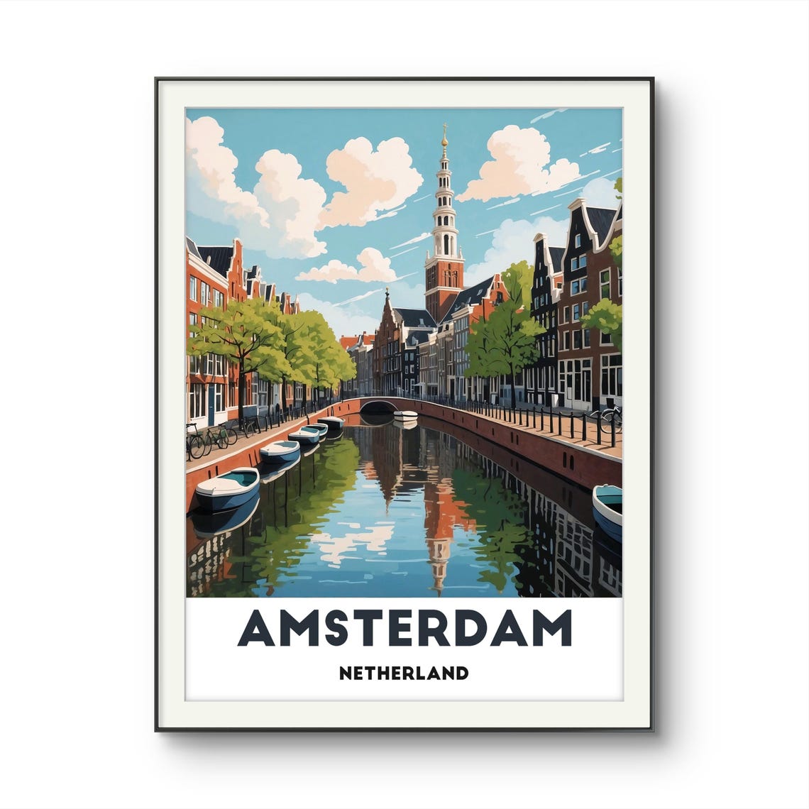 Amsterdam Netherlands Canal With Church Tower And Boats Travel Poster - Image 2