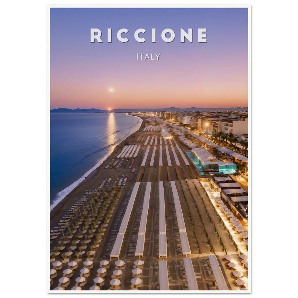 Riccione Italy Sunset Beach Moonrise Umbrellas Evening Poster
