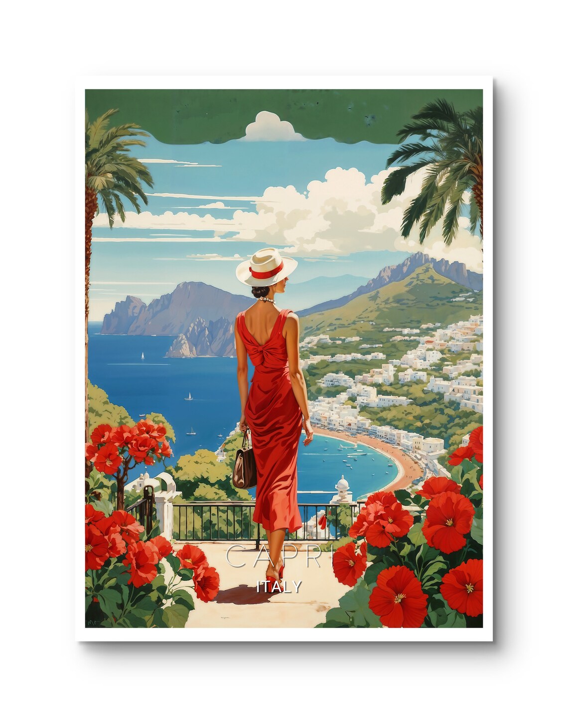 Capri Italy Vintage Woman Red Dress Bay View Retro Travel Poster