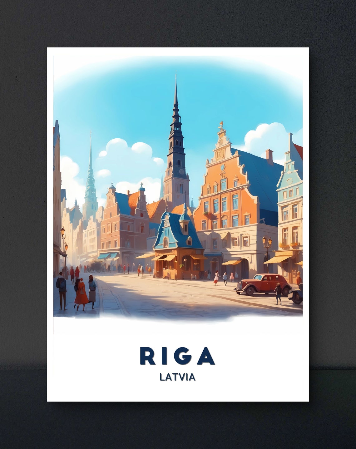 Riga Latvia Charming Old Town Street Vintage Car Sunny Art Poster - Image 2
