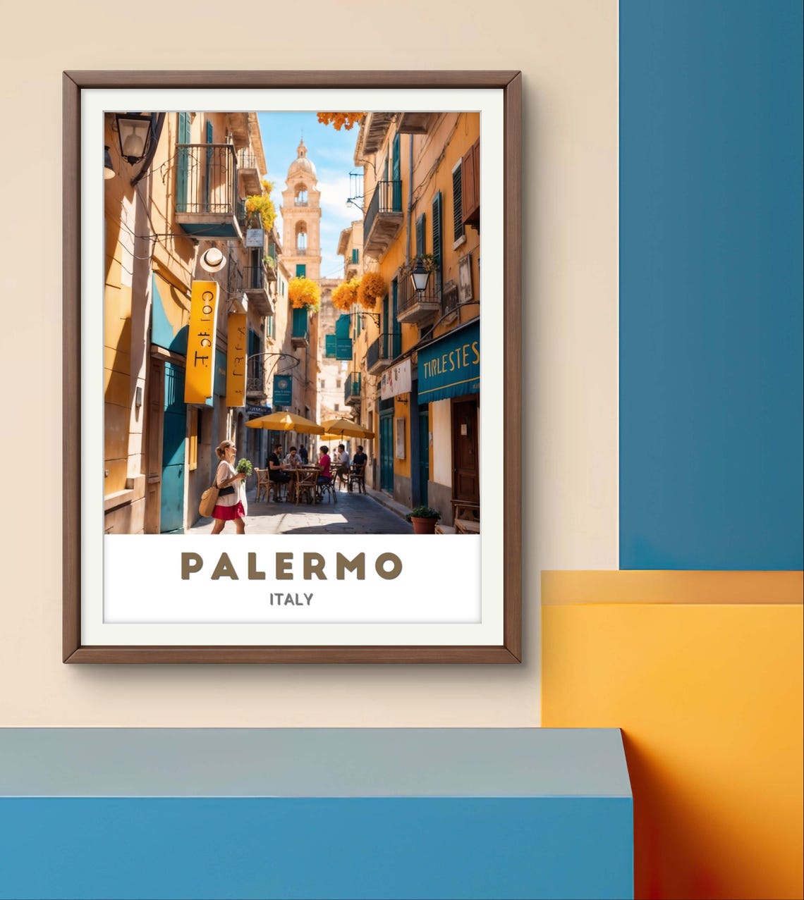 Palermo Italy Vibrant Street Scene Cafe Bell Tower Art Poster - Image 2