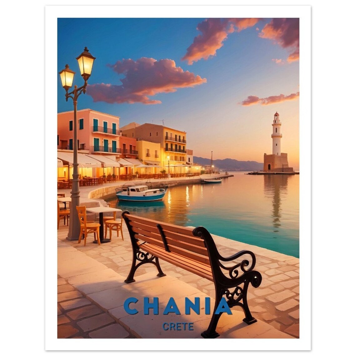 Chania Crete Harbor Sunset Lighthouse Promenade Travel Poster - Image 2