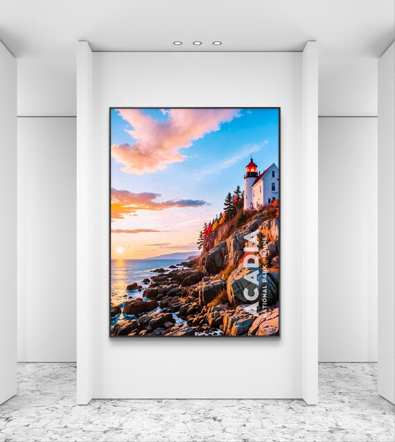 Acadia Maine Lighthouse Rocky Coast Sunset Gallery Dramatic Poster