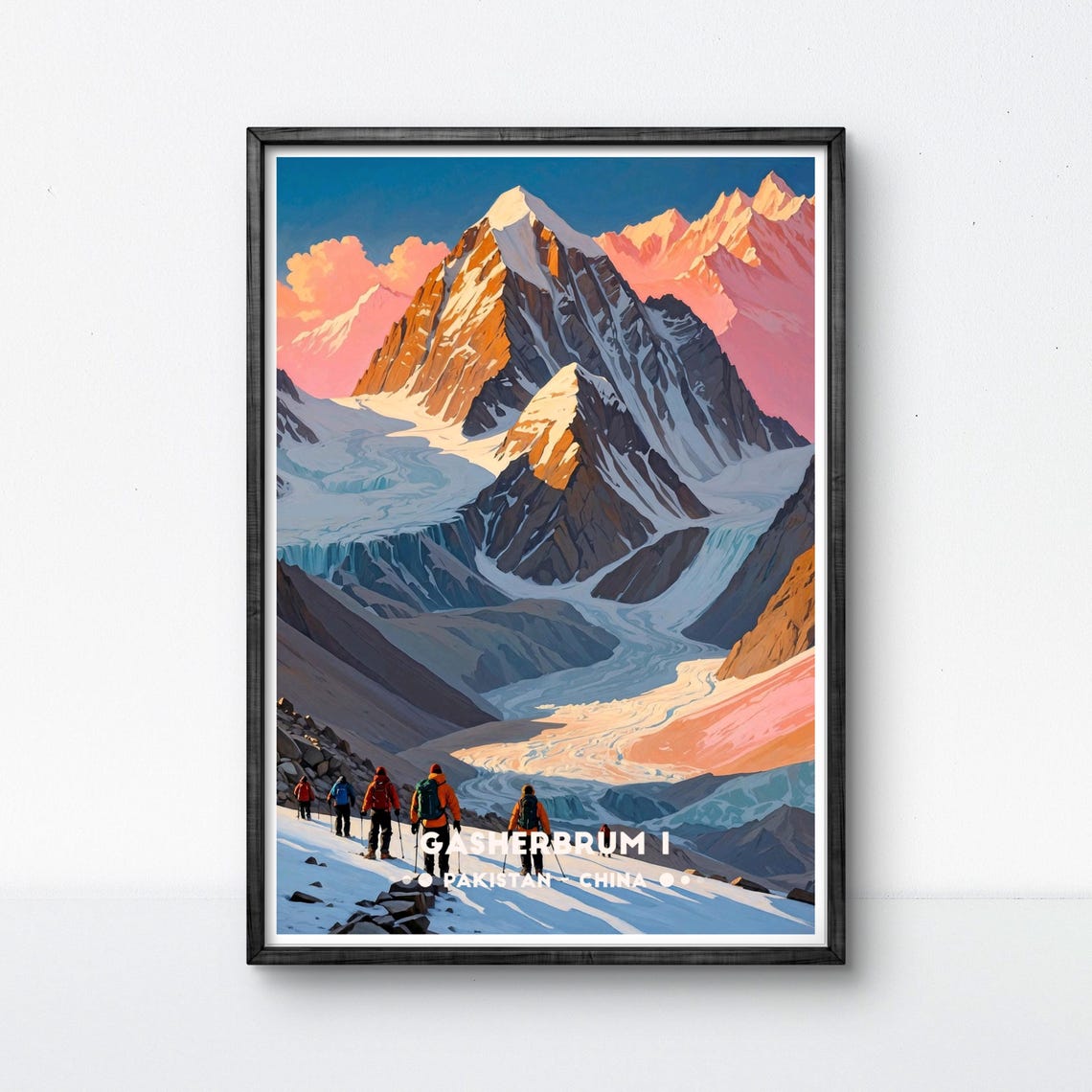 Gasherbrum I Karakoram Alpenglow Glacier Climbers At Base Poster