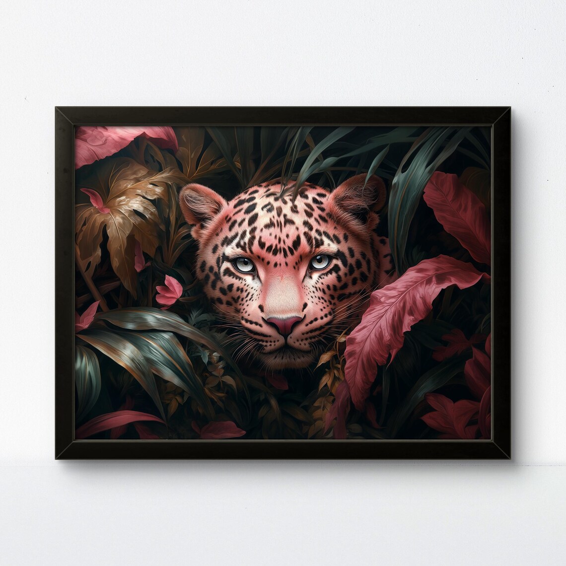 Pink Leopard Peeking Through Dark Leaves Whimsical Art Poster