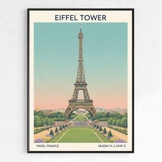 Eiffel Tower Vintage Poster Paris Wall Print Living Room Decor Office Cityscape Art