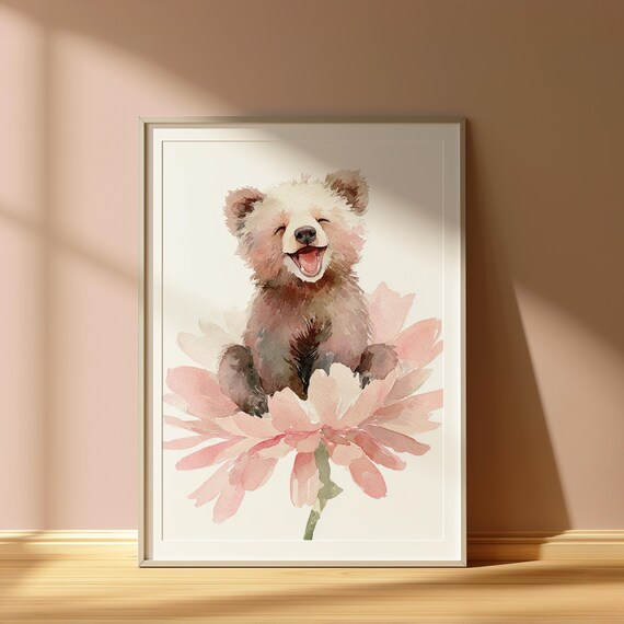 Laughing Baby Bear Cub in Giant Pink Flower Watercolor Nursery Poster