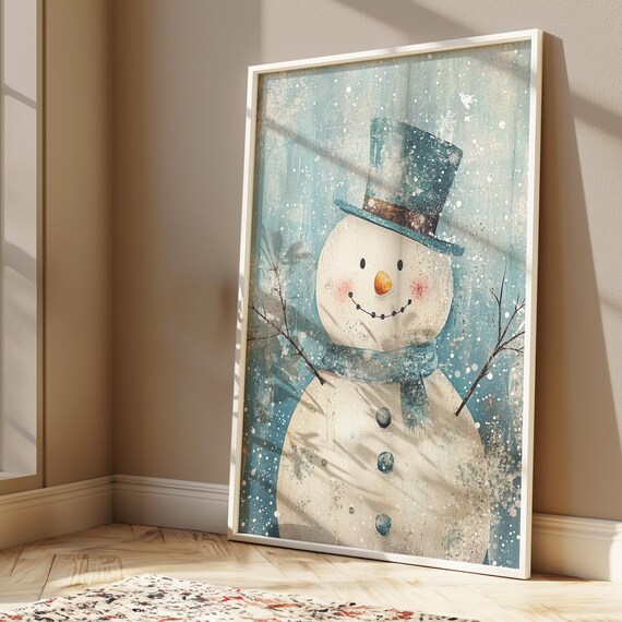Rustic Snowman Blue Top Hat Cozy Winter Christmas Holiday Poster