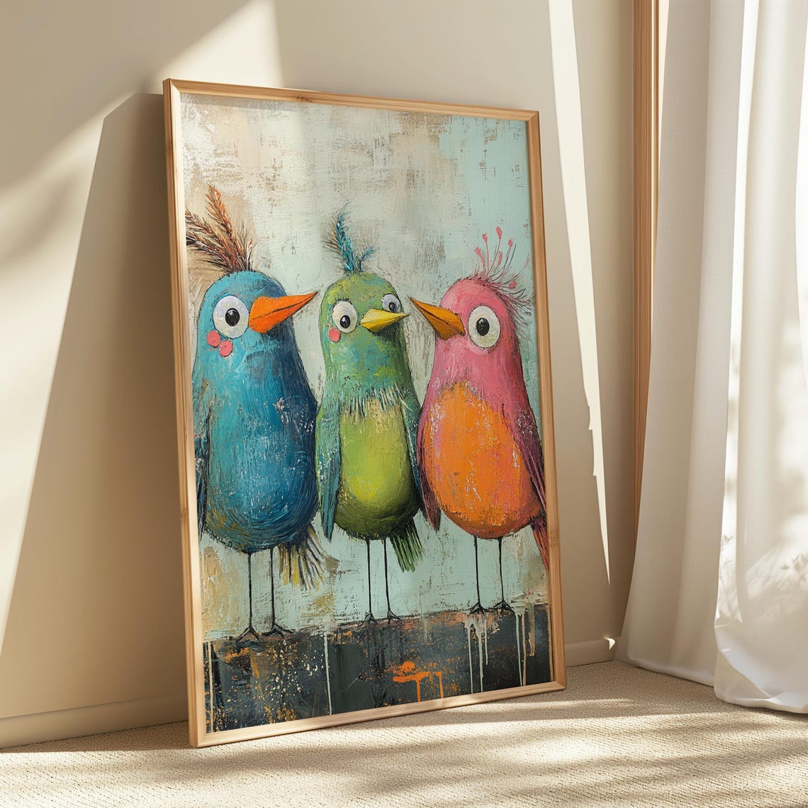Whimsical Bird Trio Print Colorful Abstract Wall Art
