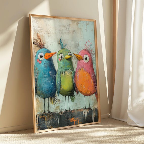 Whimsical Bird Trio Print Colorful Abstract Wall Art