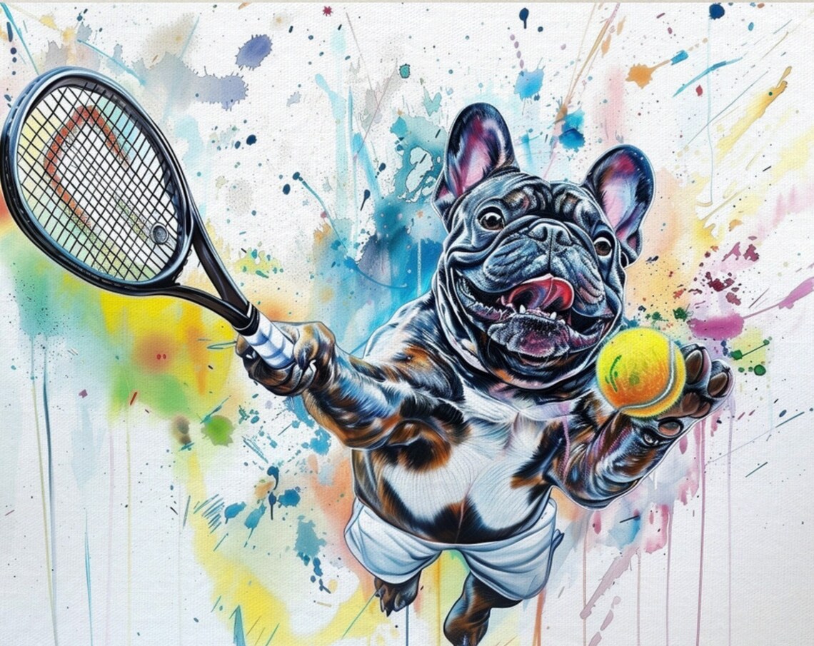 French Bulldog Tennis Player Racket Ball Paint Splash Sports Poster